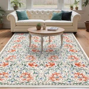 5x7 Floral Area Rug Washable Non Slip Soft Low Pile Accent Rug for Living Room Bedroom, Retro Boho Print, Distressed Indoor Carpet