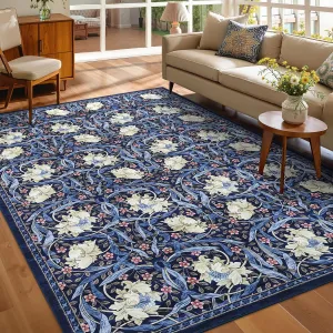 5x7 Floral Area Rug Washable Non Slip Soft Low Pile Indoor Carpet for Living Room Bedroom Dining Room Playroom, Boho Retro Distressed Print