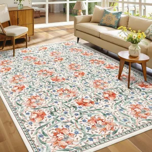 Floral 10x13 Area Rugs Washable Ultra-Thin Large Rug for Living Room Non Slip Vintage Beige