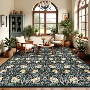 Large Area Rugs 9x12 Retro Green Floral Washable Soft Non Slip Backing Floor Mat for Living Room Bedroom Dining Room