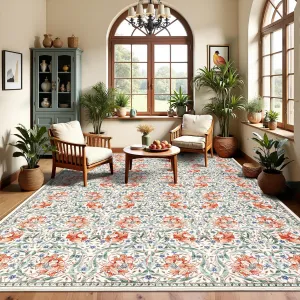 Large Area Rugs 9x12 Retro Floral Washable Soft Non Slip Backing for Living Room Bedroom Dining Room