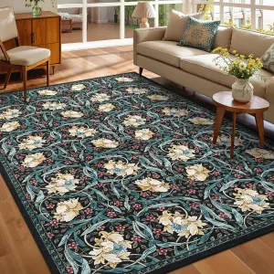 Black Living Room Rug 10x13 Washable Vintage Floral Print Soft Non Slip Ultra Thin Foldable Mat for Home Office
