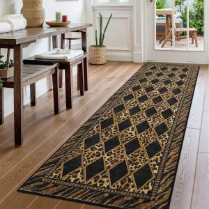 2x10 Checkered Leopard Runner Rug Soft Low Pile Non-Slip Washable Runner for Hallways Kitchen Bedroom Brown Black 2'x10'