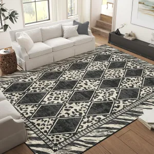 9x12 Checkered Leopard Print Area Rug Soft Low Pile Non-Slip Indoor Carpet Beige Black