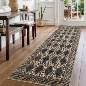2x10 Runner Rug Checkered Leopard Print Washable Non-Slip Kitchen Bedroom Hallway Light Brown Grey