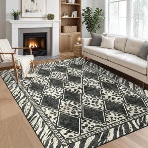Living Room Rugs Checkered Leopard Print 8x10 Beige/Black Soft Low Pile Non-Slip Washable Indoor Carpet
