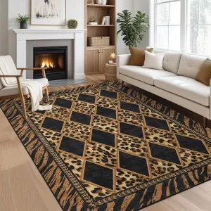 Checkered Leopard Print Area Rug Soft Low Pile Non-Slip Indoor Carpet Brown Black 5'x7'