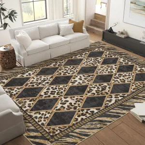 5x7 Area Rugs Washable Checkered Leopard Print Soft Low Pile Non-Slip Indoor Carpet Light Brown Grey