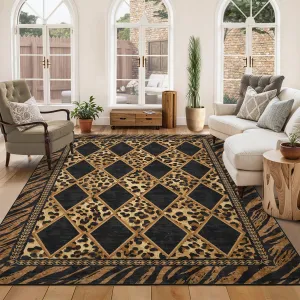 8x10 Checkered Leopard Print Living Room Rugs, Soft Low Pile Non-Slip Indoor Carpet, Brown/Black