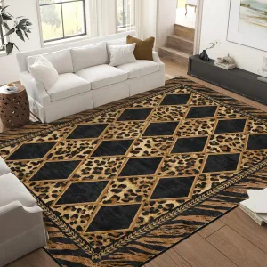 9x12 Checkered Leopard Print Area Rug Soft Low Pile Non-Slip Indoor Carpet Brown Black