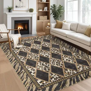 Living Room Rugs 6x9 Machine Washable Checkered Leopard Print Large Area Rug Light Brown Grey 6'x9'