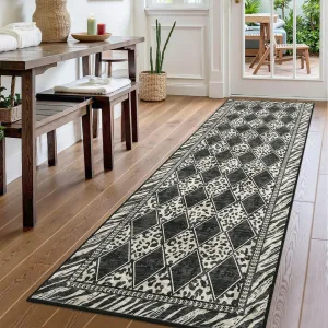 Runner Rug 2x8, Checkered Leopard Print Hallway Runner, Soft Low Pile Non-Slip Entryway Rug, Beige/Black, 2'x8'