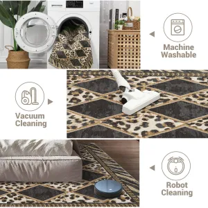 Runner Rug 2x8, Checkered Leopard Print Washable Rug Runner for Hallway, Soft Low Pile, Non-Slip, Light Brown/Grey