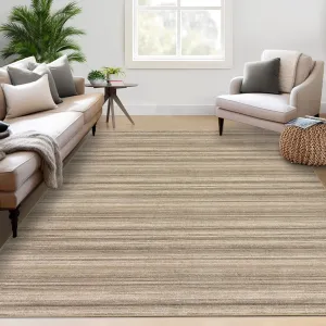 Washable 8x10 Modern Striped Rug - Soft Low Pile, Non-Slip TPR Backing, Durable Machine Woven, Brown - Living Room, Bedroom, Office