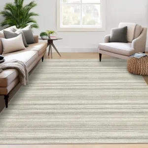 Large 10x13 Machine Washable Area Rug - Modern Berber Stripe, Low Pile, Ultra Soft Cotton Feel - Durable TPR Non-Slip Backing, Reinforced Edges - Beige, Neutral Color for Living Room & Bedroom
