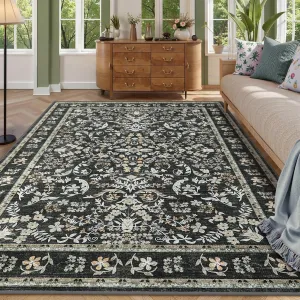 Washable Area Rug 5x7 Boho Floral Soft Low Pile Carpet Non Slip Black for Living Room Bedroom Dining Room Nursery Hallway
