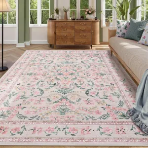 Washable Boho Floral Area Rug 8x10 - Soft, Non-Slip, Low Pile Carpet, Durable TPR Backing, Kid & Pet Friendly, Pink - Living Room, Bedroom