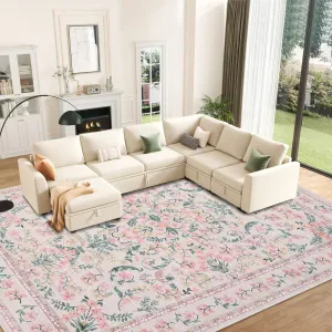 Farmhouse Floral Area Rug 5x7 Washable Rug for Living Room, Soft Non Shedding Foldable Floor Mat with Non Slip TPR Backing, Indoor Thin Low Pile Printed Mat for Bedrooms, Pink