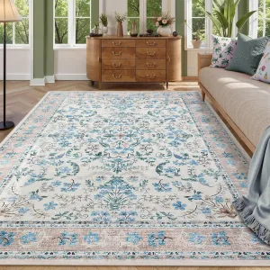 Washable Area Rug 9x12 Boho Floral Soft Non-Slip Low Pile Carpet for Living Room Bedroom Dining Room Nursery Hallway Blue