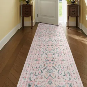 Area Rug 2x6 Low Pile Floral Carpet - Washable, Non-Slip TPR Backing - Soft, Durable, Kid & Pet Friendly - Pink for Living Room, Entryway