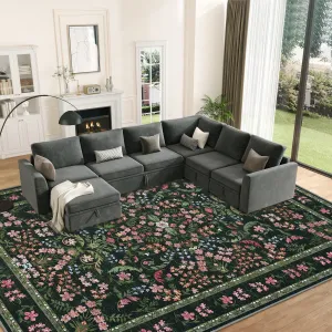Green 10x13 Washable Rug for Living Rooms, Vintage Floral Rug with Non Slip Rubber Backing, Soft Thin Low Pile Carpet, Indoor Non Shedding Floor Covering, Foldable Printed Accent Mat