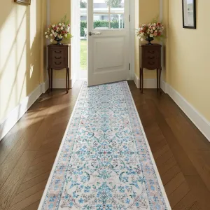 Vintage Floral Washable Rug with Non Slip TPR Backing, Soft Low Pile Polyester Fiber, Non Shedding, Foldable Accent Mat for Living Room