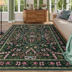 Washable Area Rug 5x7 Boho Floral Soft Non Slip Low Pile Carpet for Living Room Bedroom Dining Room Nursery Hallway Green