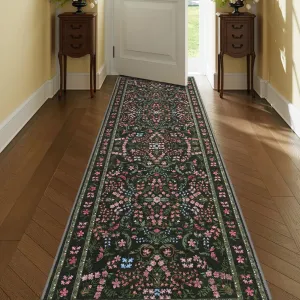 Area Rug 2x6 Low Pile Floral Carpet, Washable Non-Slip TPR Backing, Soft Durable Kid & Pet Friendly, Green for Living Room Entryway Kitchen