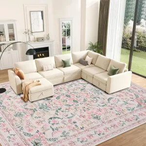 Area Rug 10x13 Washable Non Slip Low Pile Floral Soft Carpet for Living Room Bedroom Dining Room Pink