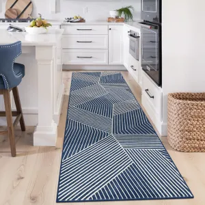 Washable 2x6 Blue Hallway Runner Low Pile Non Slip Kitchen Rug Geometric Stripped Lines Indoor Carpet Ultra Thin Foldable Mat