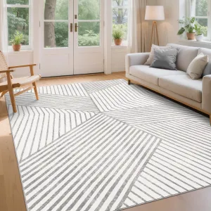 Washable 9x12 Area Rug Large Geometric Minimalistic Indoor Rug Grey Non Slip Non Shedding
