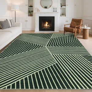 Washable Green Stripped Area Rug 5x7 Indoor Modern Geometric Non Slip Low Pile Ultra Thin Carpet