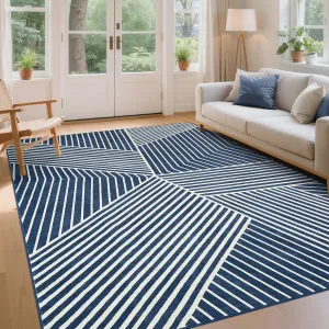 Washable 10x13 Rugs for Living Room Modern Geometric Stripped Indoor Carpet Non Slip Low Pile Extra Large Area Rug Blue