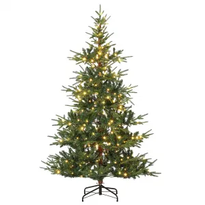 6ft Aspen Fir Christmas Tree with 300 Warm White LEDs, 678 PE & PVC Branch Tips, Hinged Design, Metal Stand, Prelit Xmas Tree for Home & Party