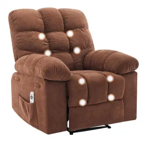Recliner Chair with Massage and Heat, Single Sofa Wide Recliner Chair, Heat Ergonomic Overstuffed Breathable Fabric Reclining Chair with 2 Side Pockets, Remote Control, Living Room, Brown