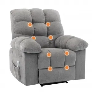 Recliner Chair with Massage and Heat, Single Sofa Wide Recliner Chair, Heat Ergonomic Overstuffed Breathable Fabric Reclining Chair with 2 Side Pockets, Remote Control, Living Room, Gray