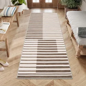 Washable 2x6 Runner Hallway Modern Stripe Non-Slip Indoor Rug Brown for Kitchen Bathroom Laundry Room