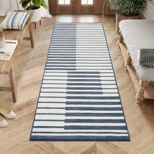Washable 2x6 Runner Hallway Modern Stripe Non-Slip Indoor Rug Blue, Low-Pile Carpet for Kitchen Bathroom Laundry Room