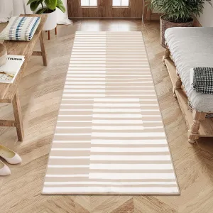 Washable 2x6 Runner Hallway Modern Stripe Non-Slip Indoor Rug Beige, Kitchen Bathroom Laundry Room Carpet