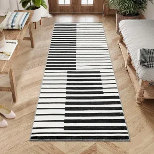 Washable 2x6 Runner Hallway Modern Stripe Non-Slip Indoor Rug Black, Low-Pile Carpet for Kitchen Bathroom Laundry Room