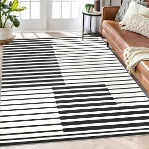 Machine Washable 10x13 Modern Stripe Indoor Large Area Rug Non-Slip Neutral Black Carpet for Living Room Bedroom Kitchen Pet Friendly