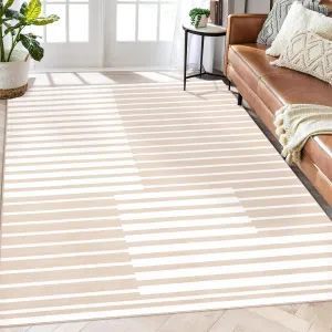 Modern Stripe 9x12 Area Rug Non-Slip Durable Faux Wool Fiber Lightweight Foldable for Living Room Bedroom Kitchen