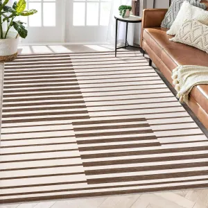 Machine Washable 8x10 Modern Stripe Indoor Large Area Rug Non-Slip Neutral Brown