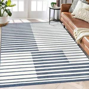 Machine Washable 10x13 Modern Stripe Indoor Large Area Rug Non-Slip Neutral Blue for Living Room Bedroom Kitchen Pet Friendly
