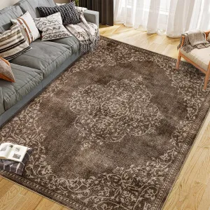 Washable Area Rugs Stain Resistant Carpet Brown 8'x10' for Living Room Bedroom Kitchen Bathroom