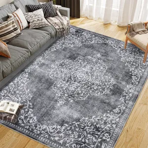 Washable Area Rugs Stain Resistant Carpet for Living Room Bedroom Kitchen Bathroom, 9'x12', Grey, Non Slip Backing
