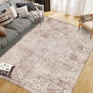 Washable Area Rugs Stain Resistant Carpet With Non Slip Backing For Living Room Bedroom Kitchen Bathroom, Beige, 6'x9'
