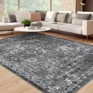 Washable 9x12 Area Rugs Dark Grey Vintage Floral Non-Slip Foldable Carpet for Living Room Bedroom Dining Room Office