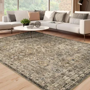 Washable 9x12 Area Rugs Beige Vintage Floral Large Boho Non-Slip Foldable Carpet for Living Room Dining Bedroom Office