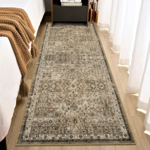 Vintage Floral 2x6 Runner Rug Beige Boho Washable Non-Slip Thin Faux Wool Carpet for Kitchen Hallway Bedroom